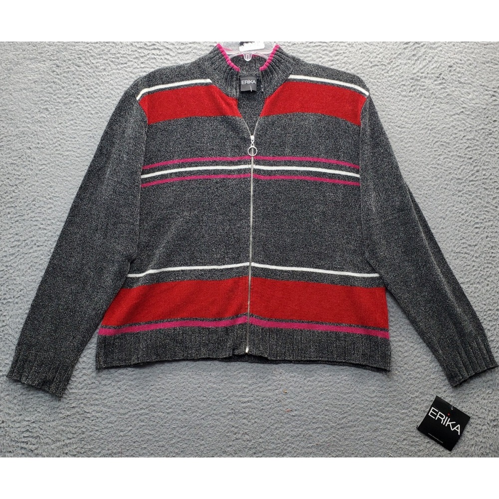 Erika Sweater Youth Girls XL Gray Striped Acrylic Long Sleeve Full Zip Mock Neck